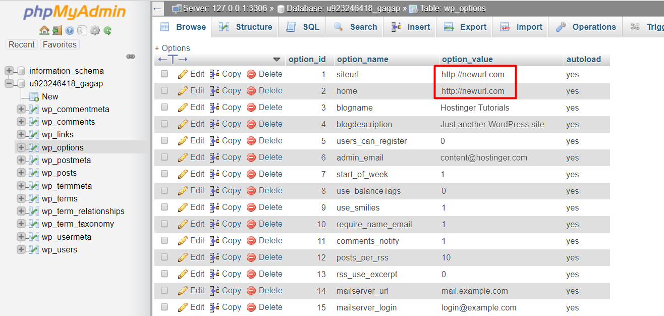 The new URLs in wp_options table