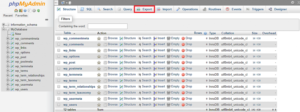 Finding the Export tab in the phpMyAdmin dashboard.
