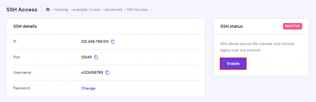 The SSH Access page on hPanel showing where to click Enable to allow remote SSH connection