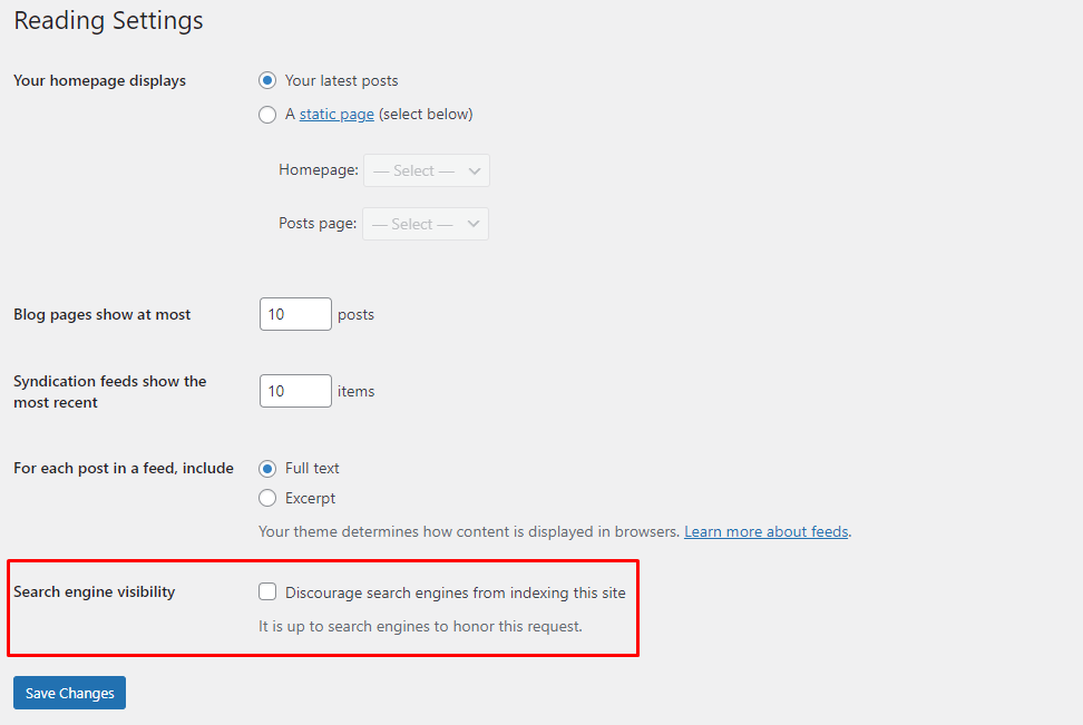 WordPress settings panel, showing the search engine visibility settings