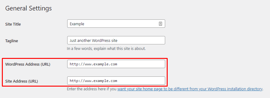 WordPress settings panel with highlighted URL fields