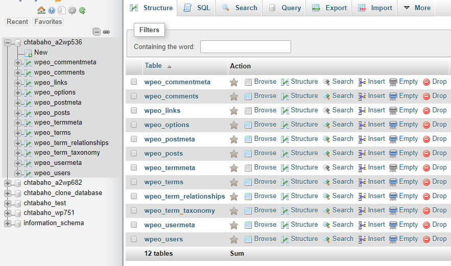 A list of your database tables.