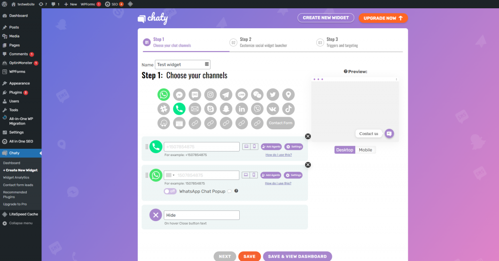 Chaty's configuration page on WordPress dashboard
