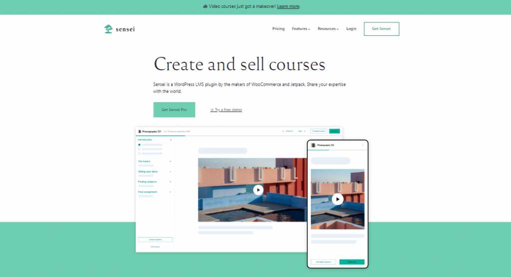 The homepage of Sensei, a WordPress LMS plugin
