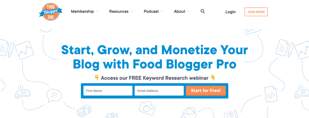 Example of a community-focused model: landing page of Food Blogger Pro, a blogging platform