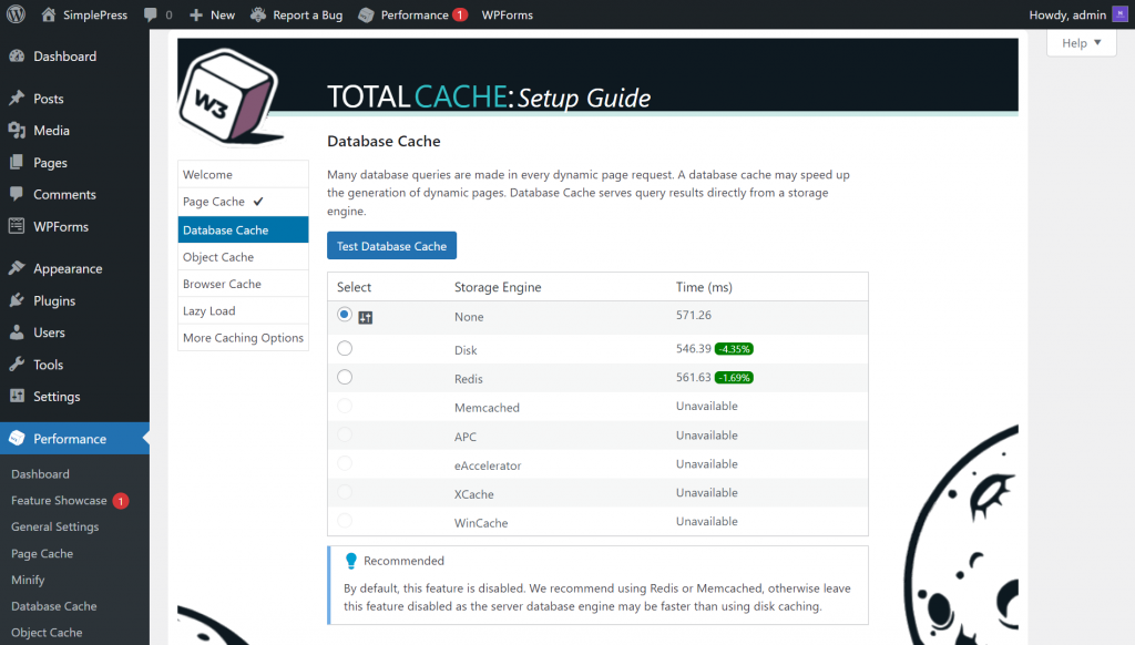 W3 Total Cache showing the Database Cache page
