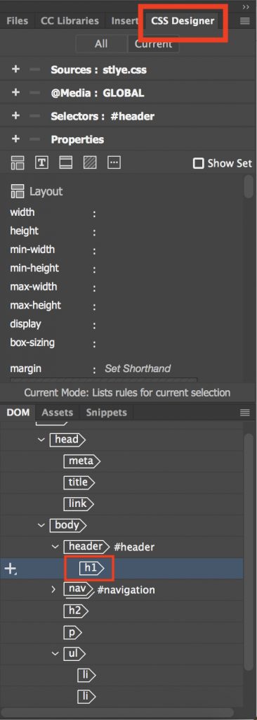 Marking and choosing css designer from the panel 