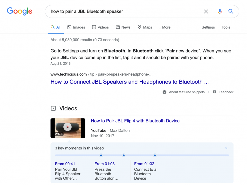 Screenshot showing informative results of "how to pair a JBL speaker" search query