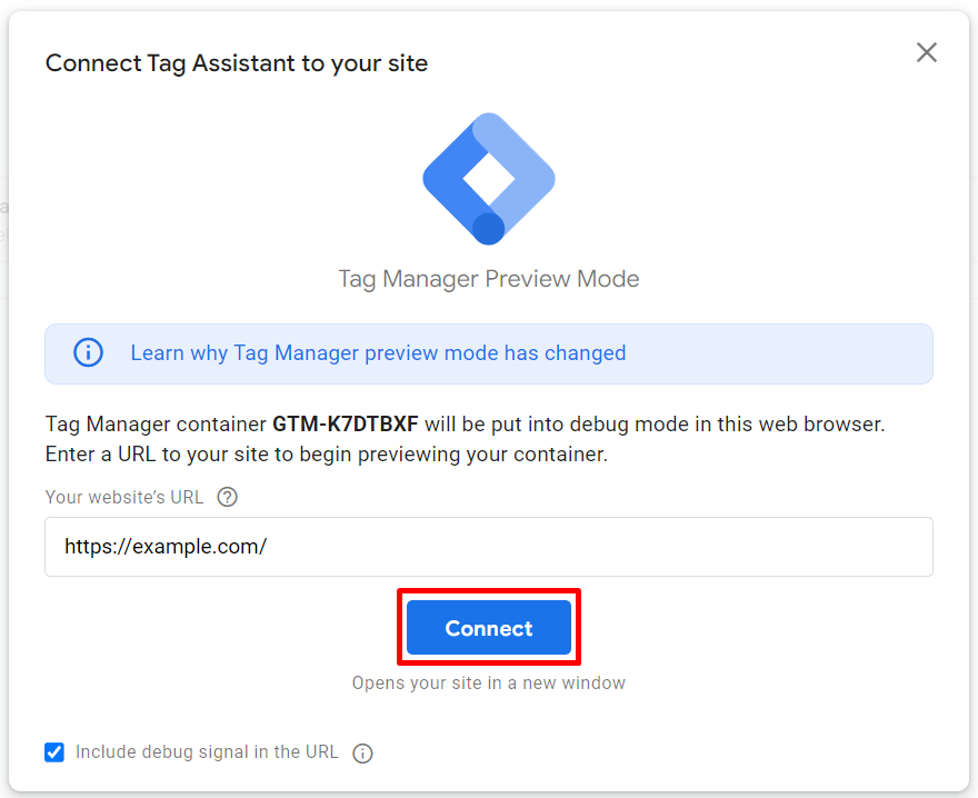 a Tag Assistant window will pop up to start the preview.