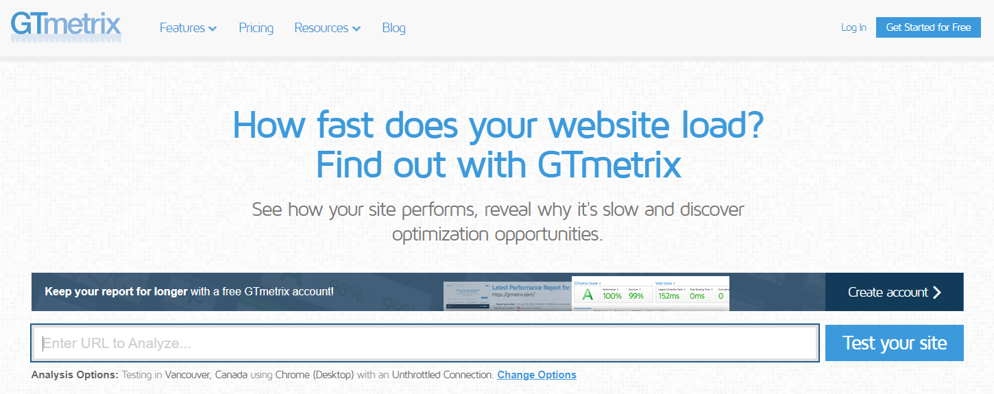 GTmetrix's homepage
