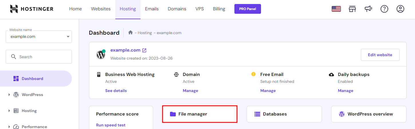 hPanel's Dashboard with File Manager highlighted