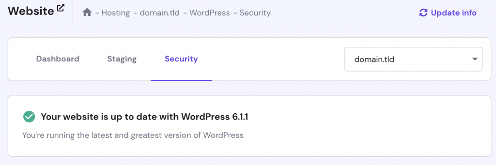 The WordPress section on Hostinger's hPanel shows your current WordPress version.