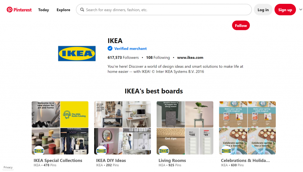 Pinterest application displaying Ikea's best boards