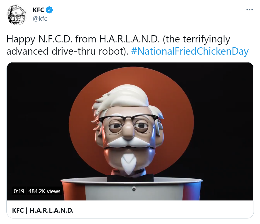 KFC tweet saying Happy N.F.C.D. from H.A.R.L.A.N.D. (the terrifyingly advanced drive-thru robot) #NationalFriedChickenDay 