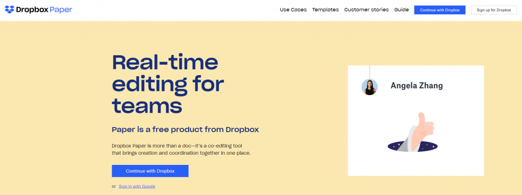 The homepage of Dropbox Paper, a document collaboration app