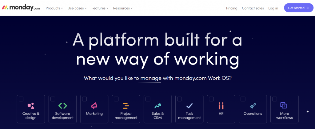 The homepage of monday.com, a customizable project management platform