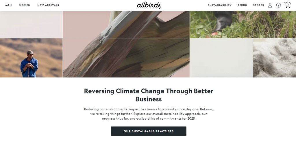 Sustainability section on the Allbirds' homepage showing nature photos, headline, copy, and a call-to-action button to its Sustainability page.