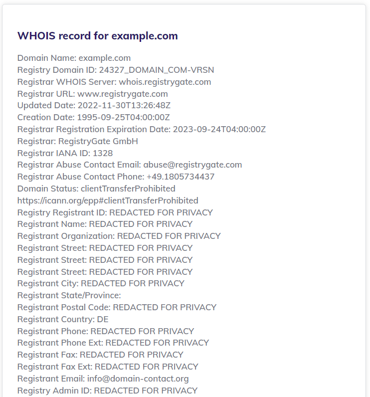An example of a private WHOIS record in the Hostinger's Domain Lookup Tool