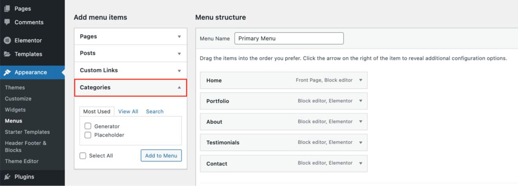 The Appearance page on the WordPress admin panel, showing how to add categories as menu items
