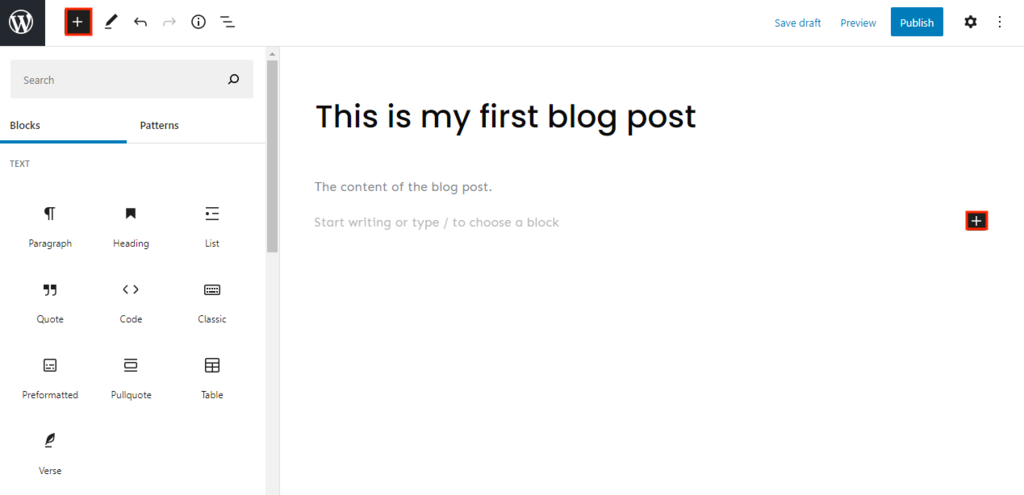The WordPress Gutenberg Editor's new block button