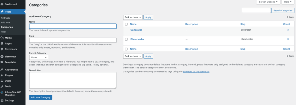 The Categories page on the WordPress dashboard, showing how to create a new category