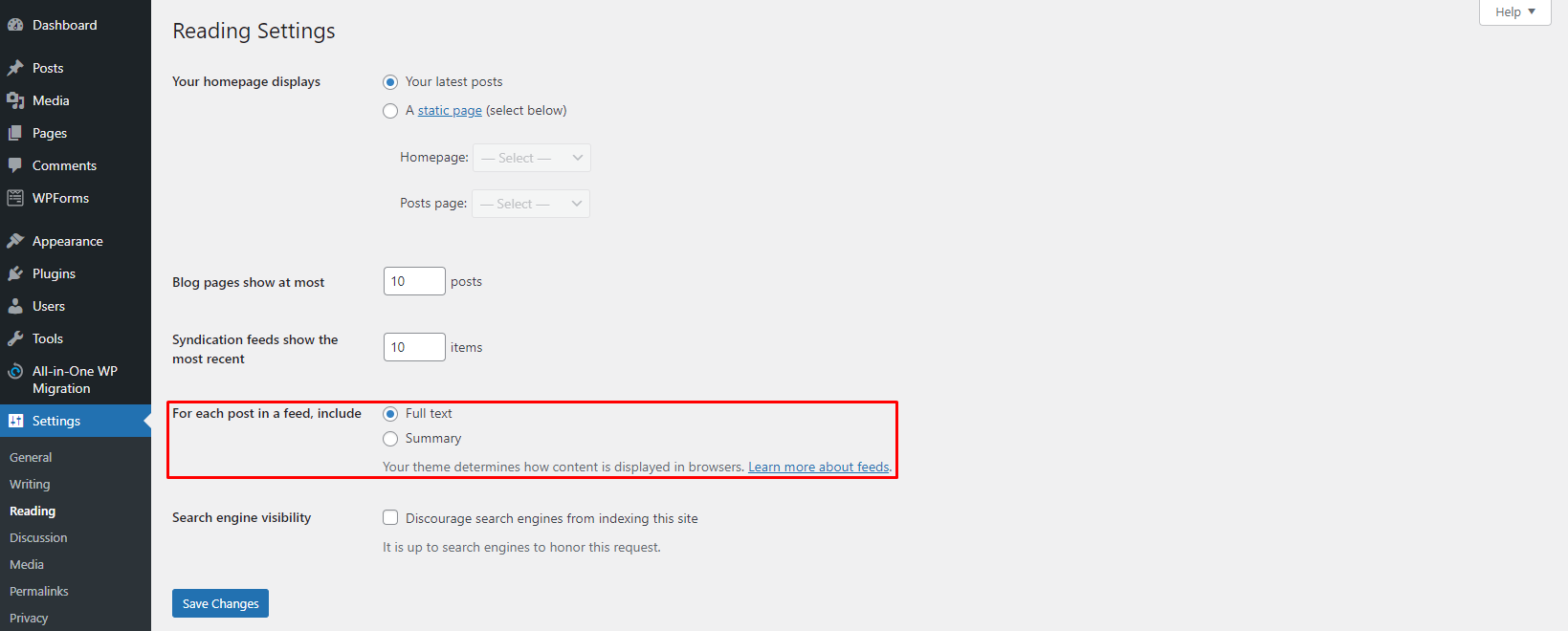 The Settings page on the WordPress dashboard, showing where to select full text or summary when previewing a blog post
