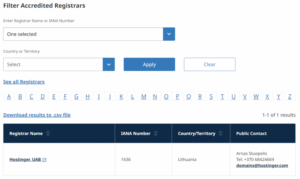 ICANN's list of accredited registrars with Hostinger as an example