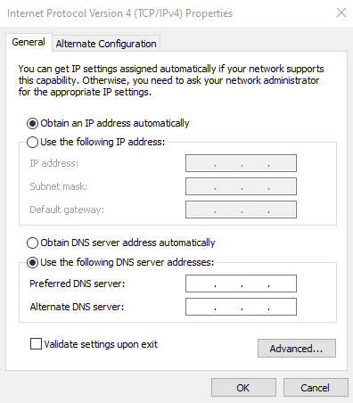 Screenshot of Internet Protocol version 4 configurations in Window