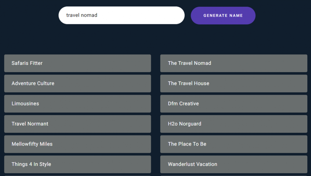 The interface of Zyro's business name generator showing a list of name options for the "travel nomad" keyword