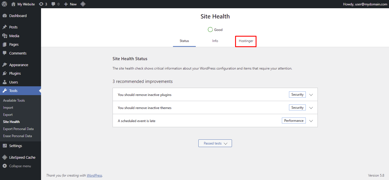 Screenshot showcasing the site health Hostinger tab
