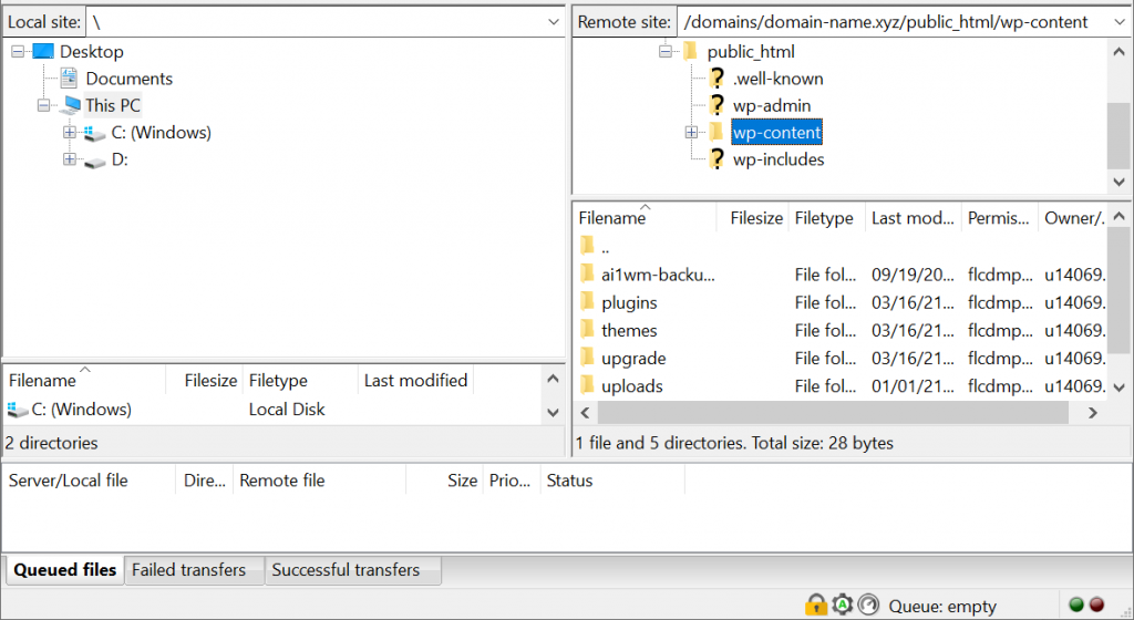 A screenshot from FileZilla showing where to find the wp-content.