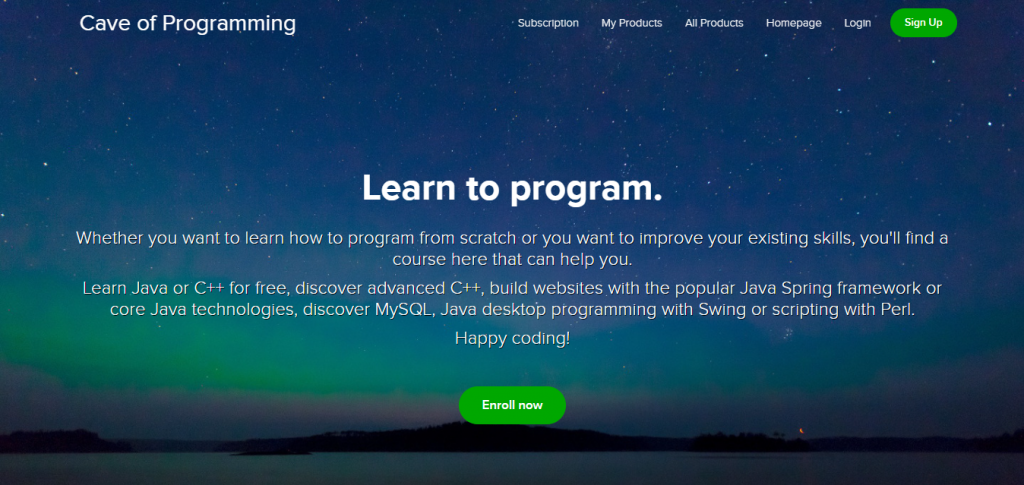 The Courses page on the Cave of Programming website