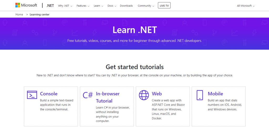The Learn .NET page on the Microsoft website