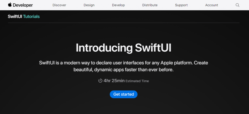 The SwiftUI Tutorials page on the Apple Developer website