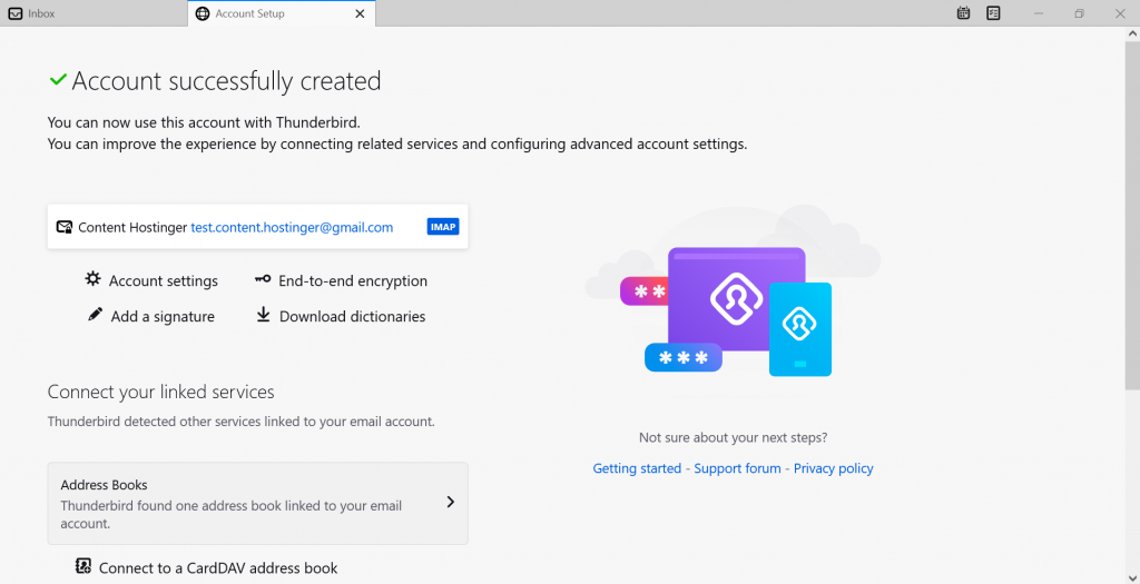 Screenshot from the Thunderbird's page informing that the account has been successfully created.