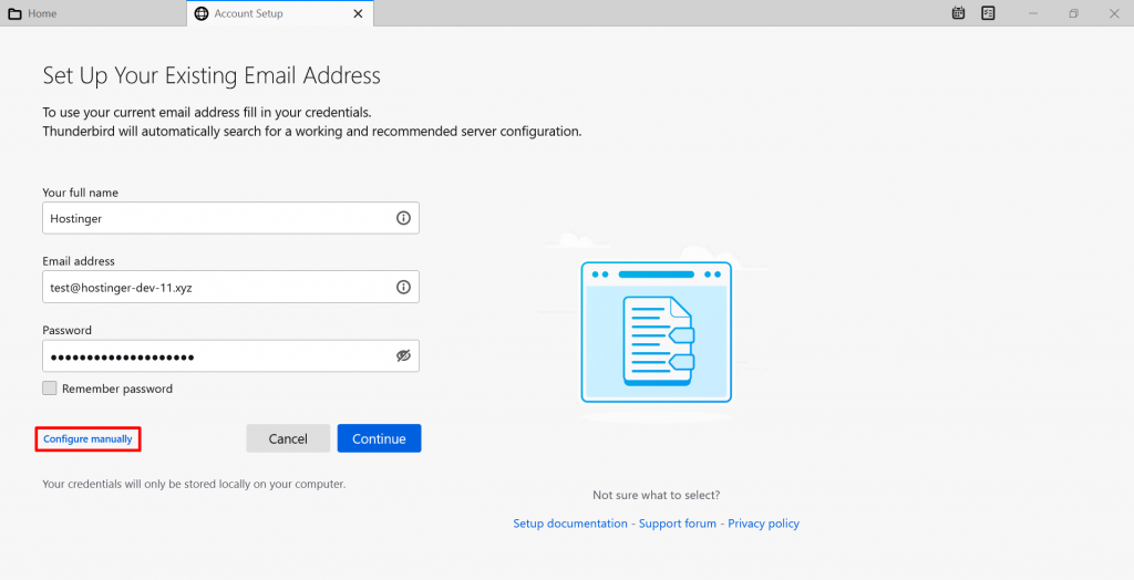 Screenshot from Thunderbird showing where to click to configure manually.