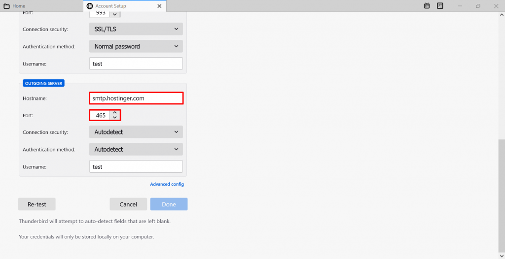 Screenshot from the Thunderbird's account setup highlighting the hostname and port.
