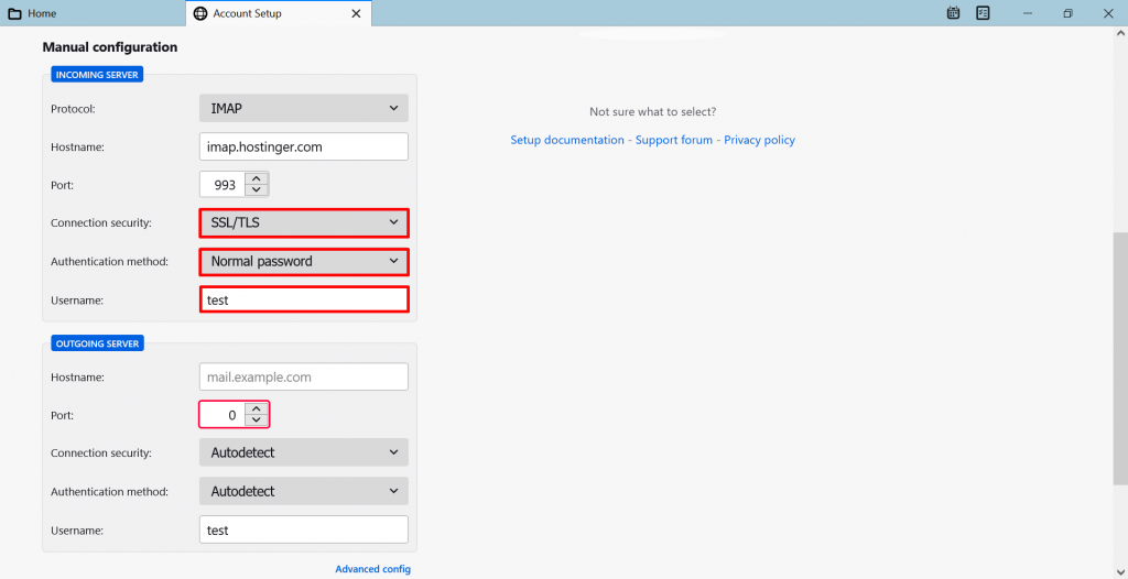 Screenshot from the Thunderbird's account setup showing where to choose SSL/TLS as a connection security method in the incoming server.