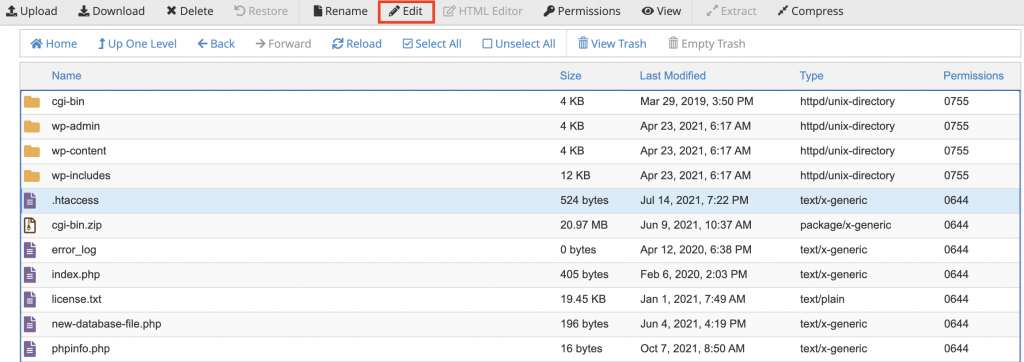 Clicking Edit on .htaccess on the cPanel.