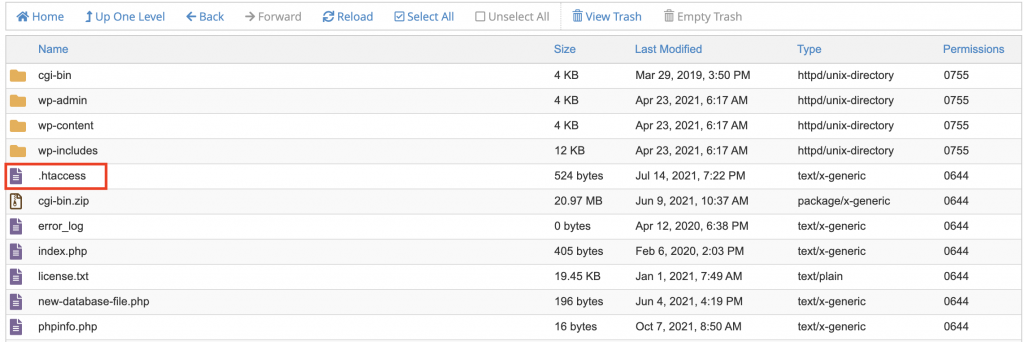 Enabling the display of hidden files in cPanel.