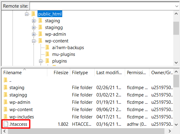 Selecting the .htaccess file in the FTP server