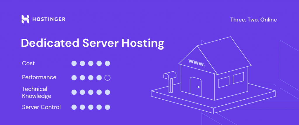 Hostinger's custom visual for dedicated server hosting including factors like cost, performance, technical knowledge, and server control