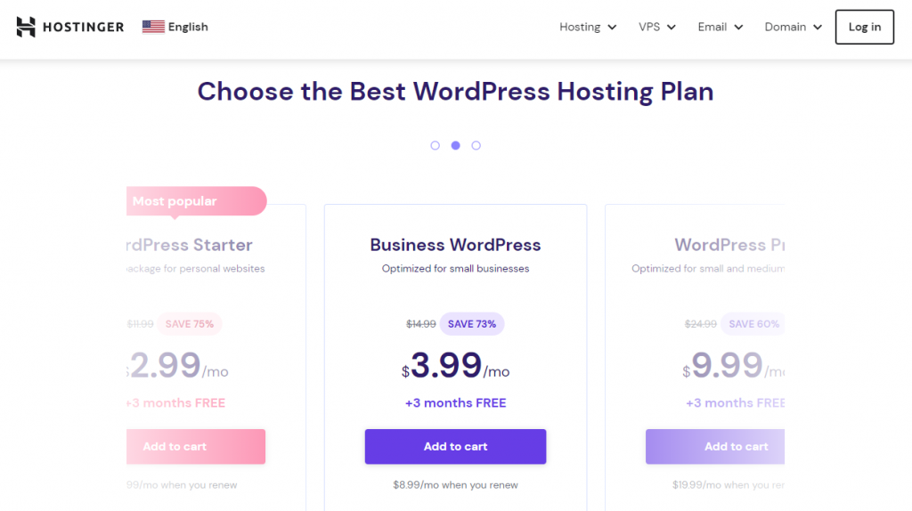 Hostinger's WordPress hosting pricing table