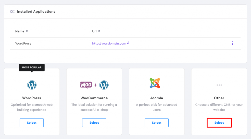 Selecting Other when choosing the CMS to install