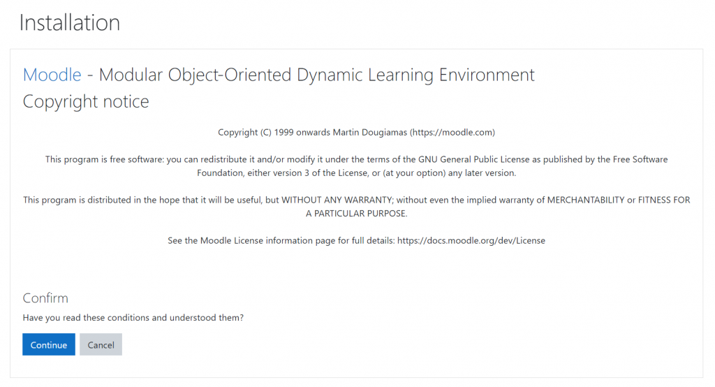 Continuing the Moodle installation process by confirming that you have read the copyright notice