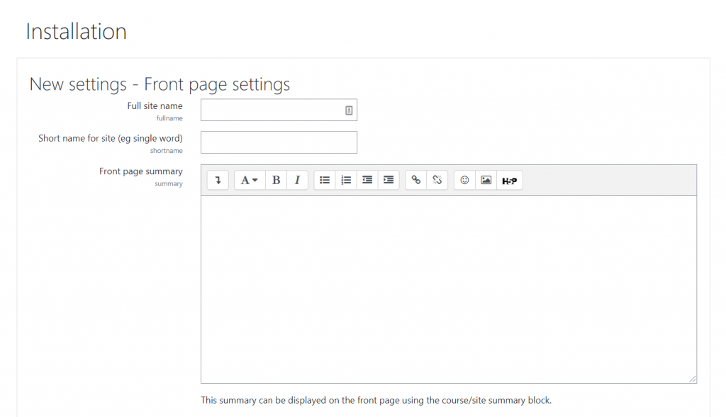 Proceeding to install Moodle by adding front page settings