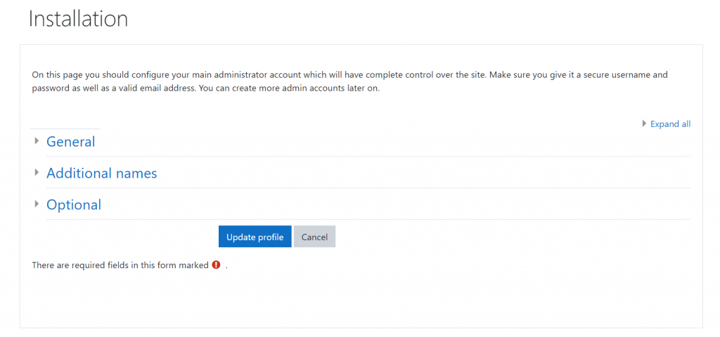Updating profile on Moodle installation screen