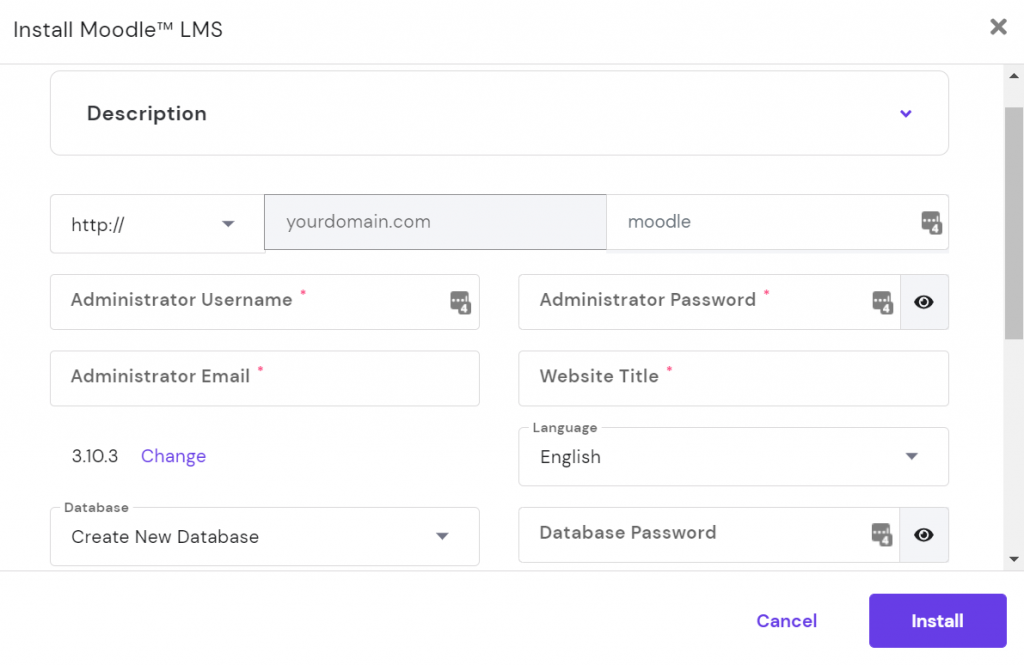 hPanel Install Moodle required fields