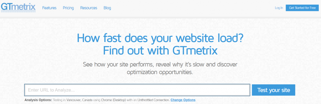 GTmetrix website homepage
