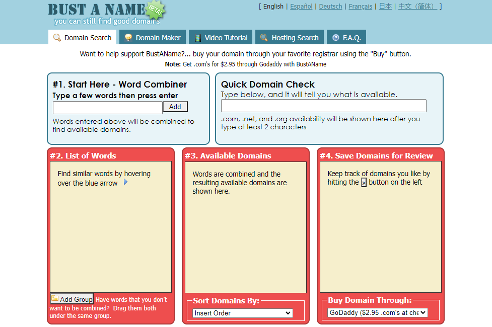 Bust A Name domain generator homepage.